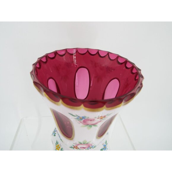 Vintage Bohemian Czech Cased White Overlay Cut to Cranberry Glass Floral Vase 5" - Picture 3 of 10